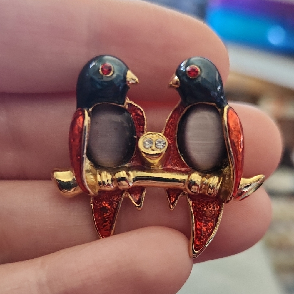Source Unknown Gold and Red Twin Bird Brooch